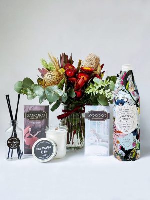 Sweet Thing Gift Pack - Includes Posy, 2 Zokoko Chocolate Bars, Crafters Union Pinot Gris, Mrs Nargar & Co Candle and Diffuser