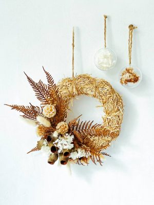 Small Natural Dried Flowers Wreath with Gumnuts and matching Baubles